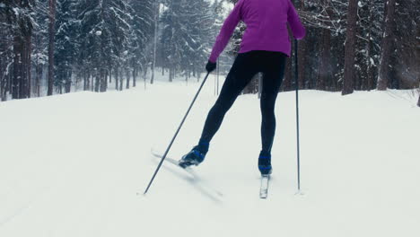 Verfolgung-Einer-Jungen-Erwachsenen-Kaukasischen-Sportlerin-Beim-Skilanglauf-Auf-Einem-Malerischen-Waldweg.-4K-UHD-60 fps-Slo-Mo